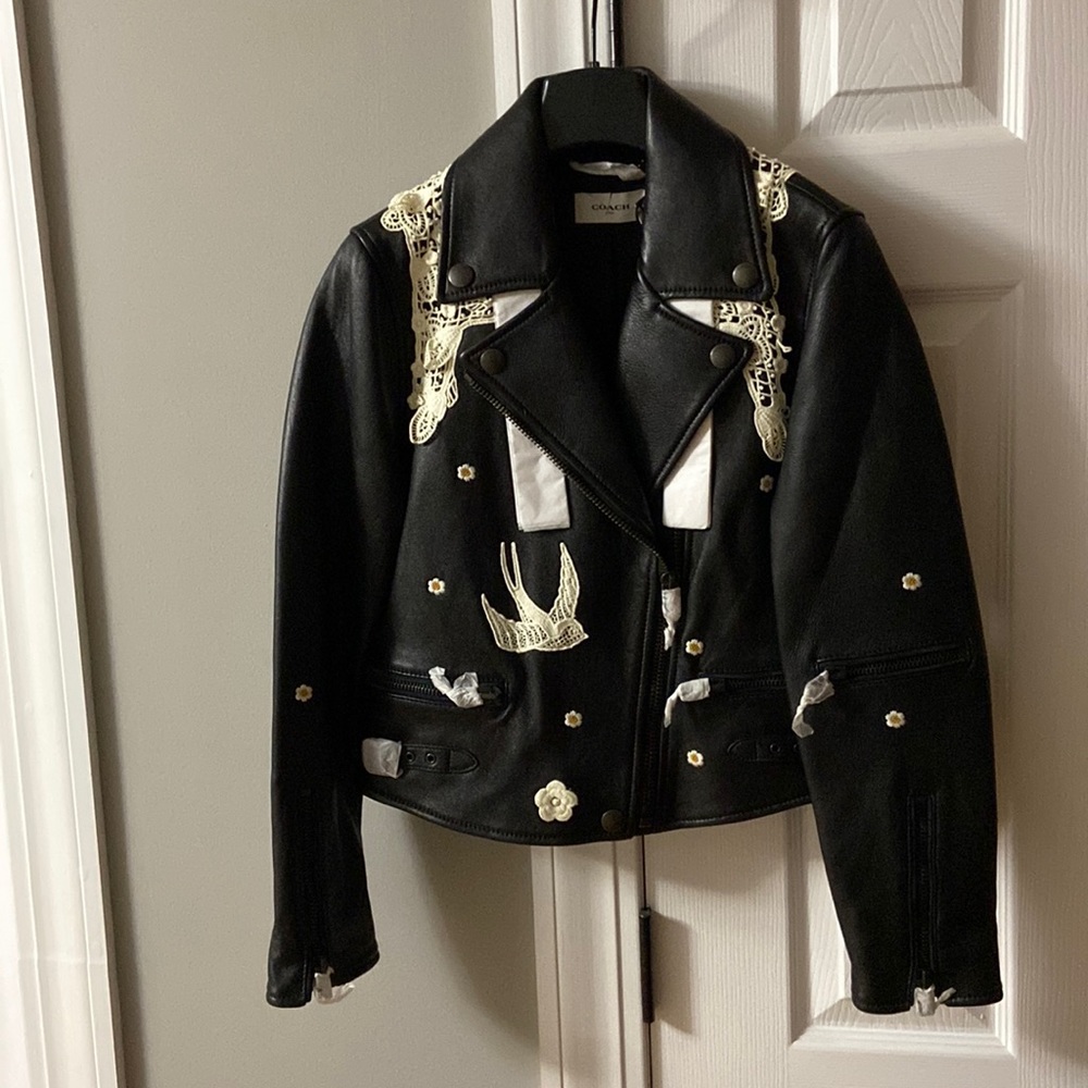 Coach size 2 leather jacket (lamb leather) with lace embellishments